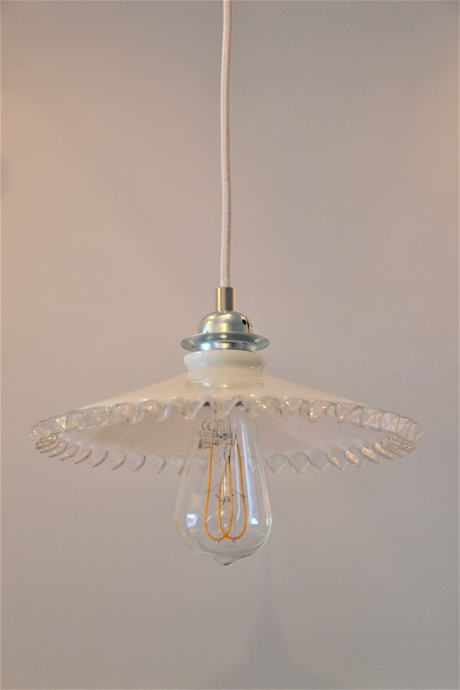 White scalloped opaline hanging and chrome metal sleeve