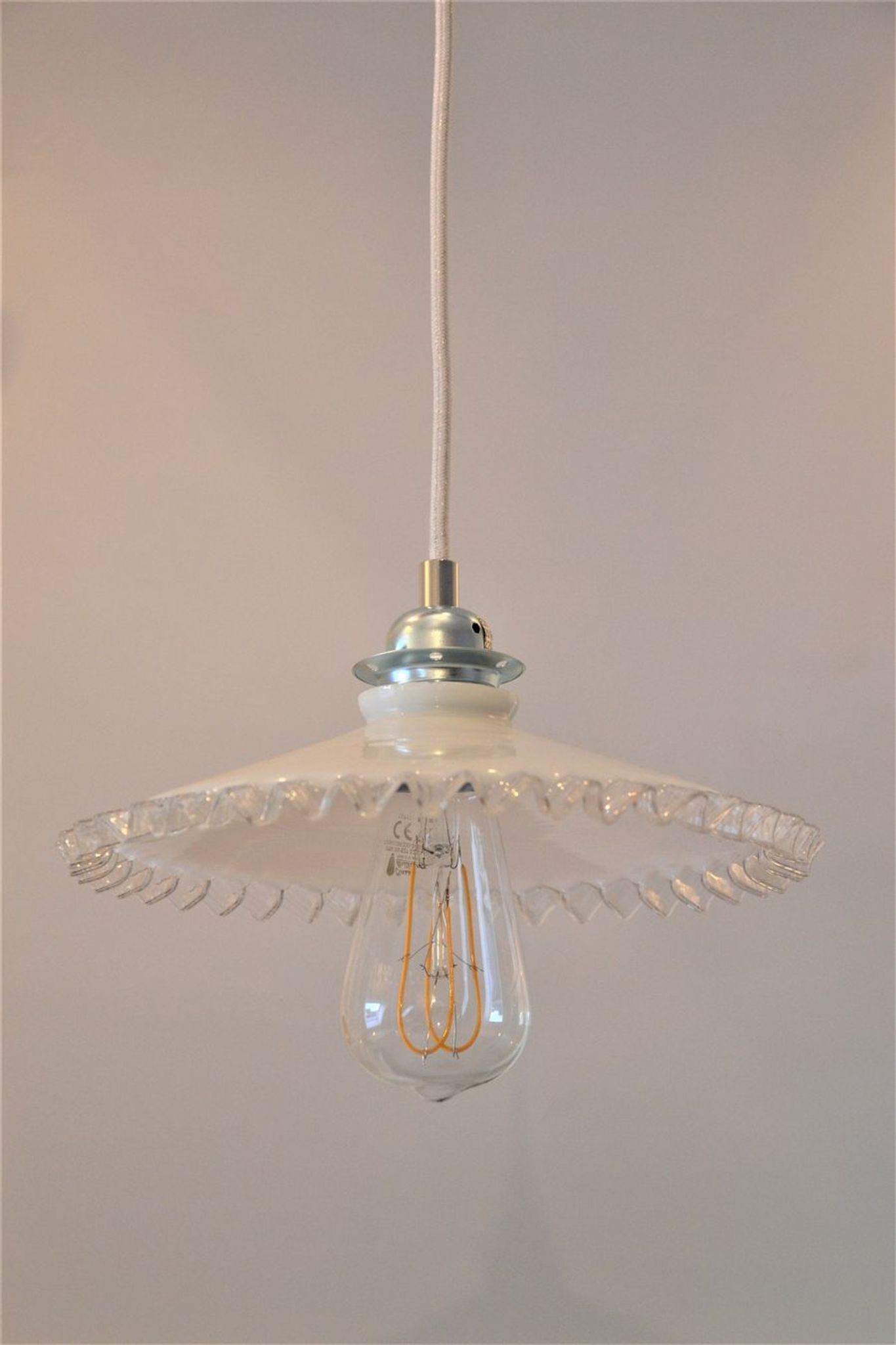 White scalloped opaline hanging and chrome metal sleeve