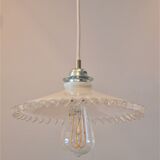 White scalloped opaline hanging and chrome metal sleeve