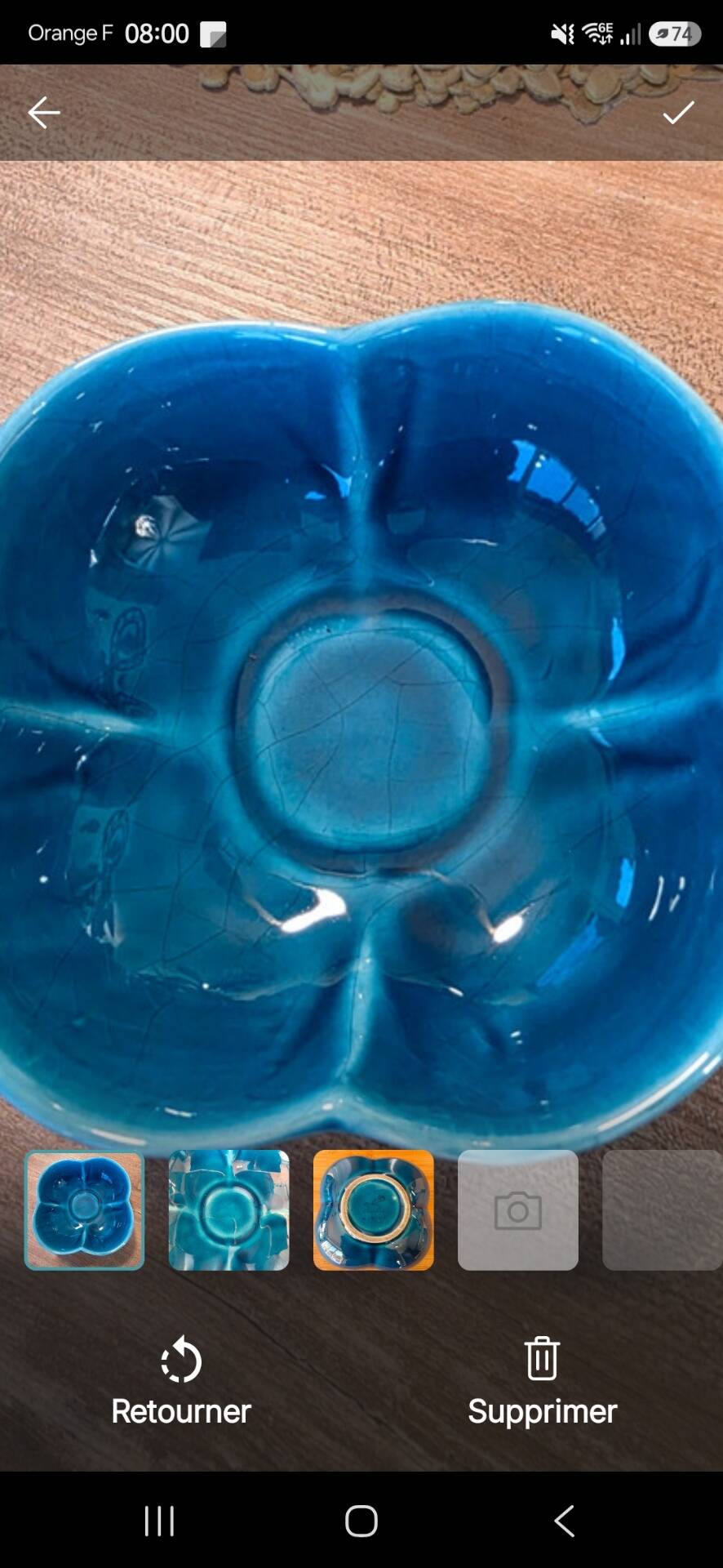 Turquoise crackled earthenware pocket bowl from Charolles