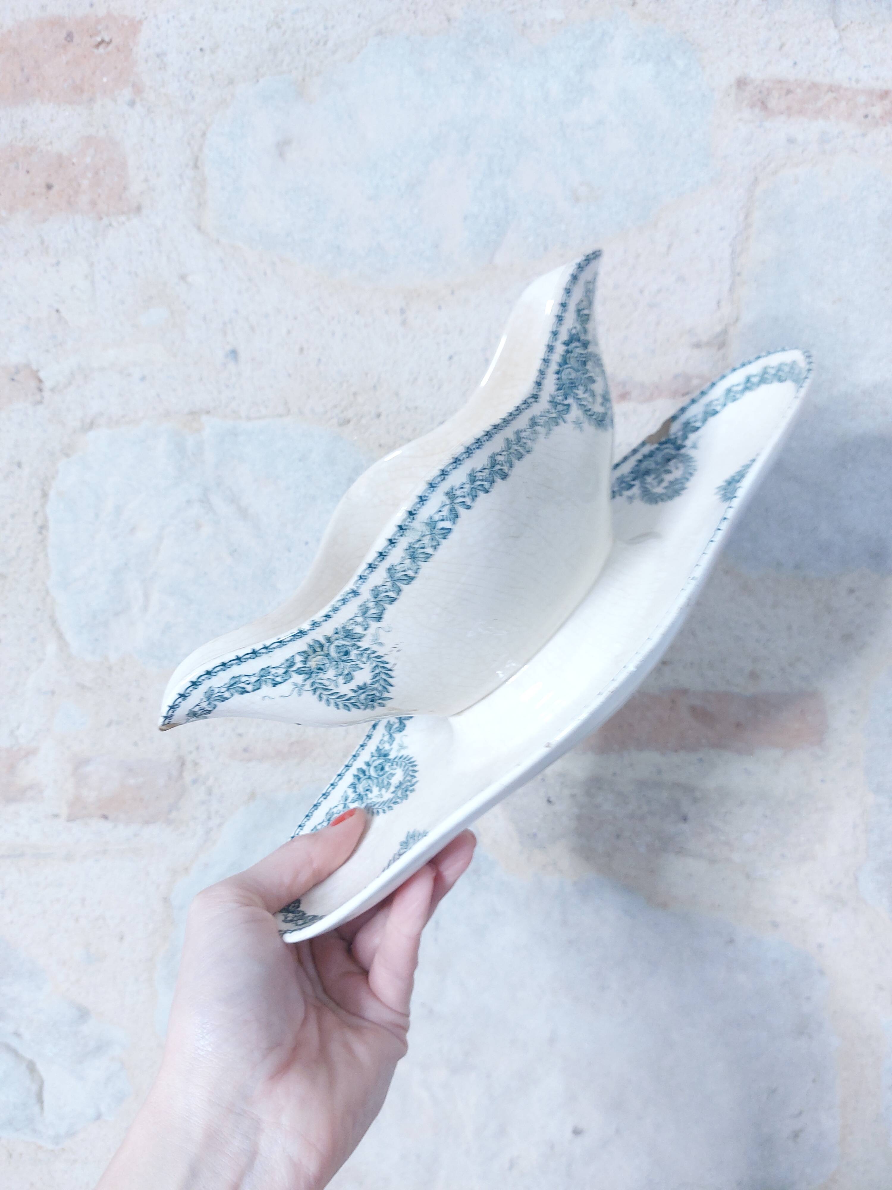 Rare and very pretty old Longwy St Cyr SFNGR sauce boat, France