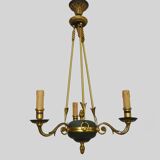 Chandelier, suspension in gilded bronze and green sheet metal with 3 arms, Empire style. Early 20th century