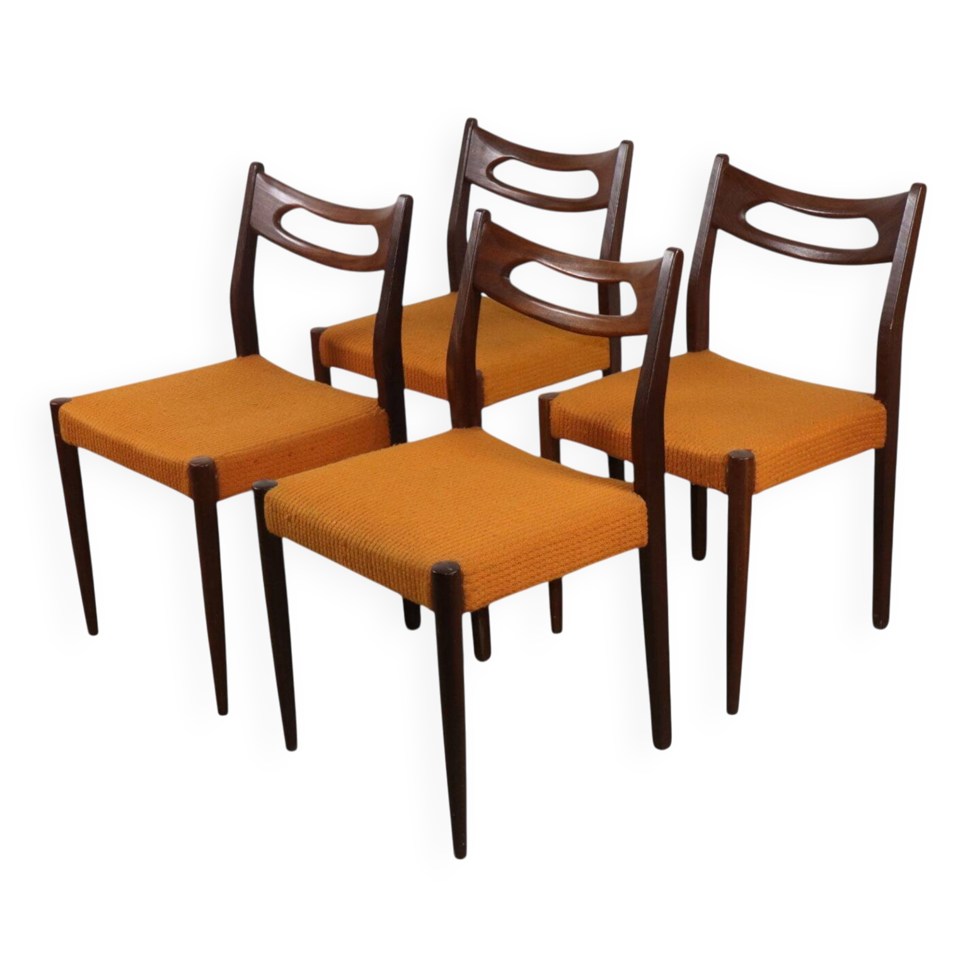 Set of 4 vintage teak and orange wool chairs – 1960s