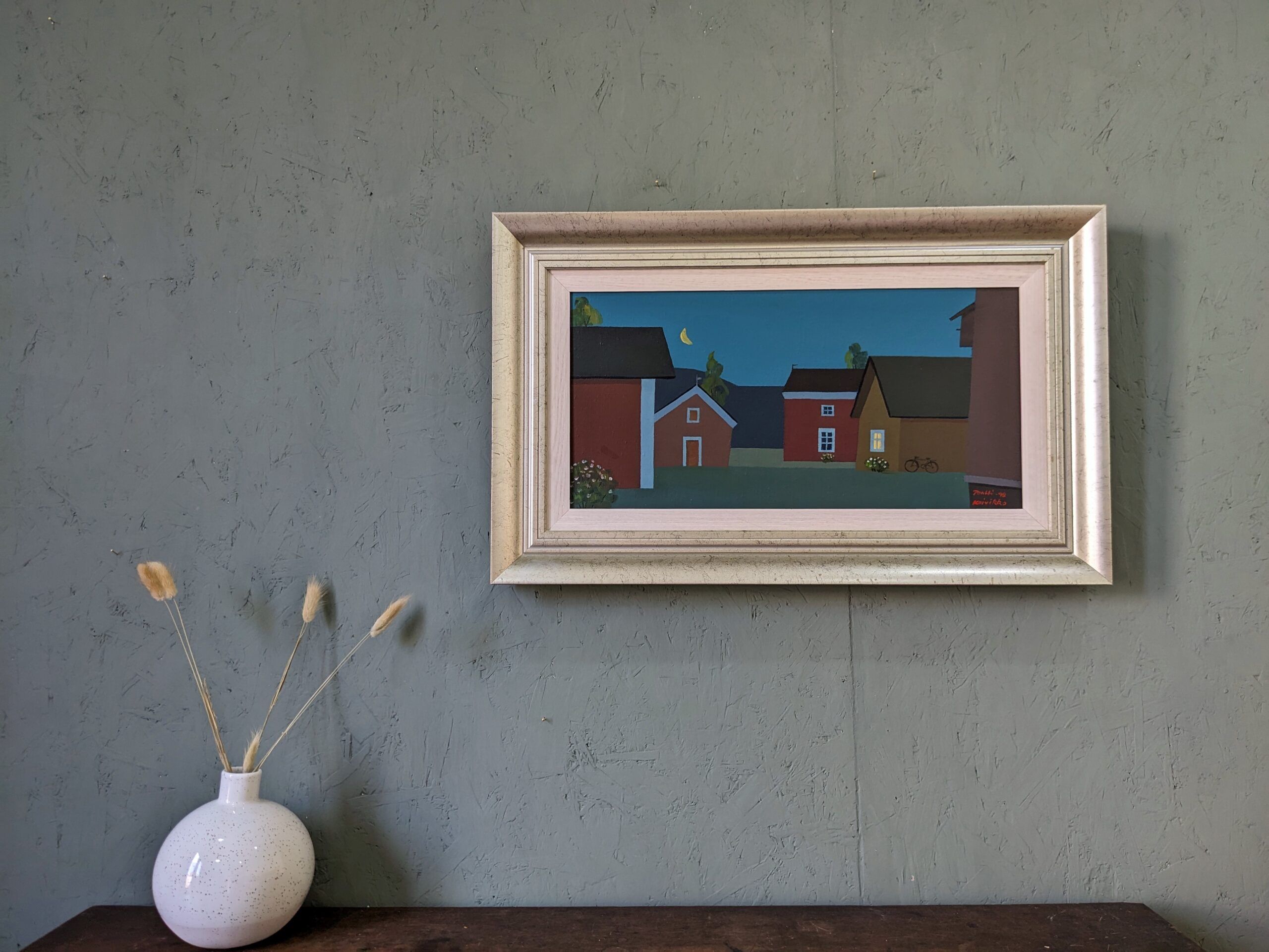 Contemporary Modernist Style Swedish "Houses at Midnight" Framed Street Scene Oil Painting, 1998