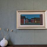 Style moderniste contemporain suédois « Maisons à minuit » Peinture à l’huile encadrée de scène de rue, 1998