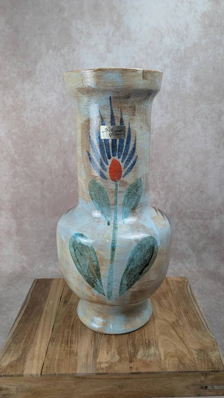 Large vintage vase Saint-Clément France – hand-painted floral decoration