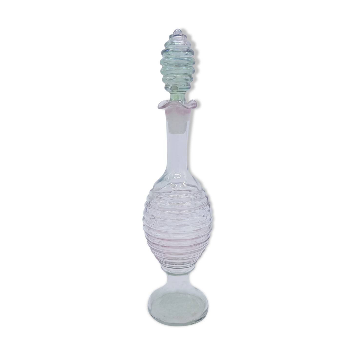 Old carafe ringed iridescent glass blown
