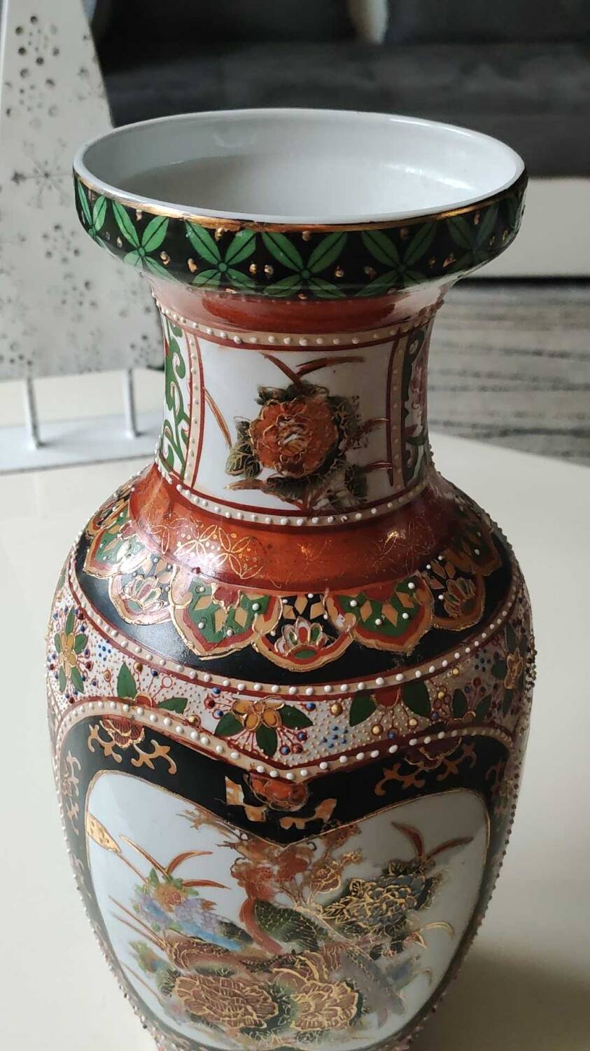 Japanese baluster vase Imari style. Peacock/Floral motifs, stamped. High 35.5 cm