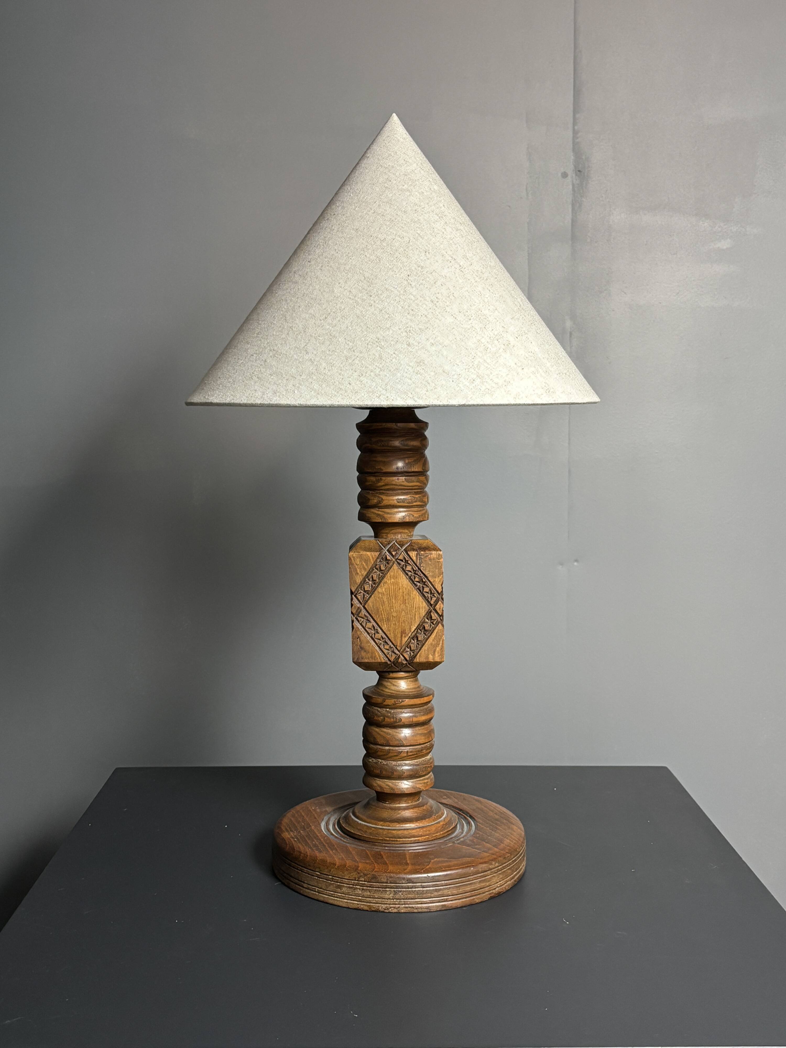 Midcentury brutalist wood turned table lamp in the style of Charles Dudouyt