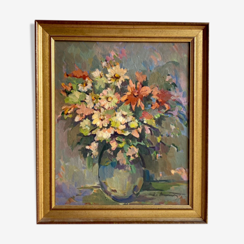 Ancient painting, Still Life with Wildflowers, signed, 20th century