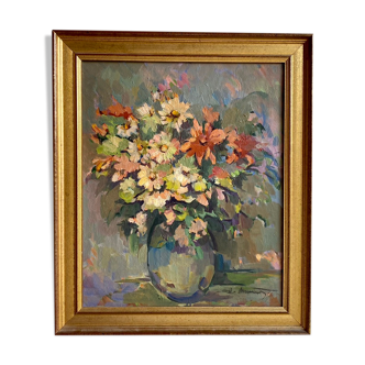 Tableau ancien, Nature morte aux fleurs sauvages, signé, XX siècle