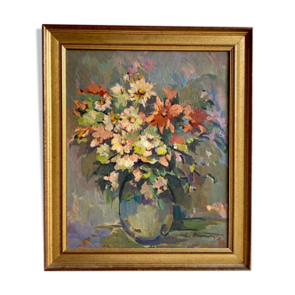 Ancient painting, Still Life with Wildflowers, signed, 20th century