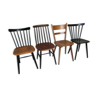 Set of 4 mismatched vintage chairs compass feet