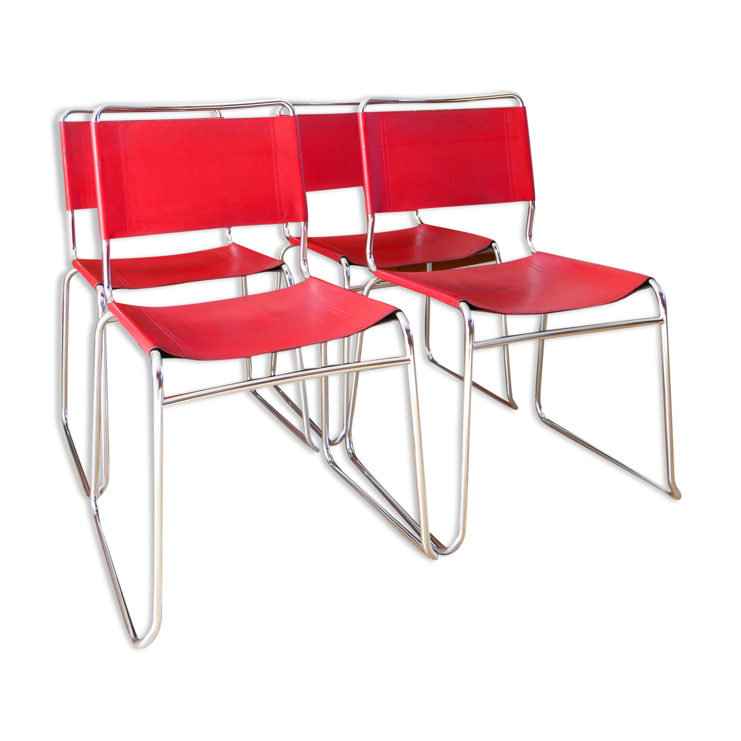 Set of 4 tubular chairs in Red Italy split leather, Design, 1970