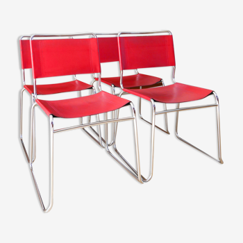 Set of 4 tubular chairs in Red Italy split leather, Design, 1970