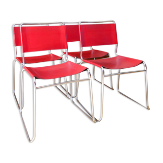 Ensemble de 4 chaises tubulaires en croute de cuir Rouge Italy, Design,1970