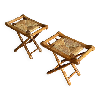 Paire de tabourets en bois et paille