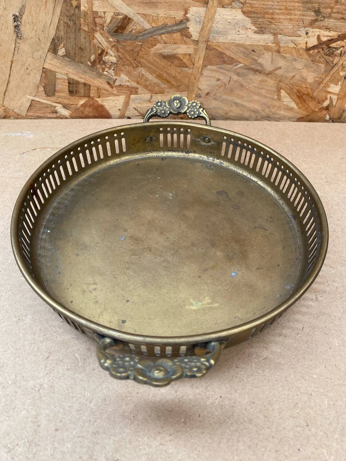 Antique openwork brass serving tray + flower handles vintage kitchen