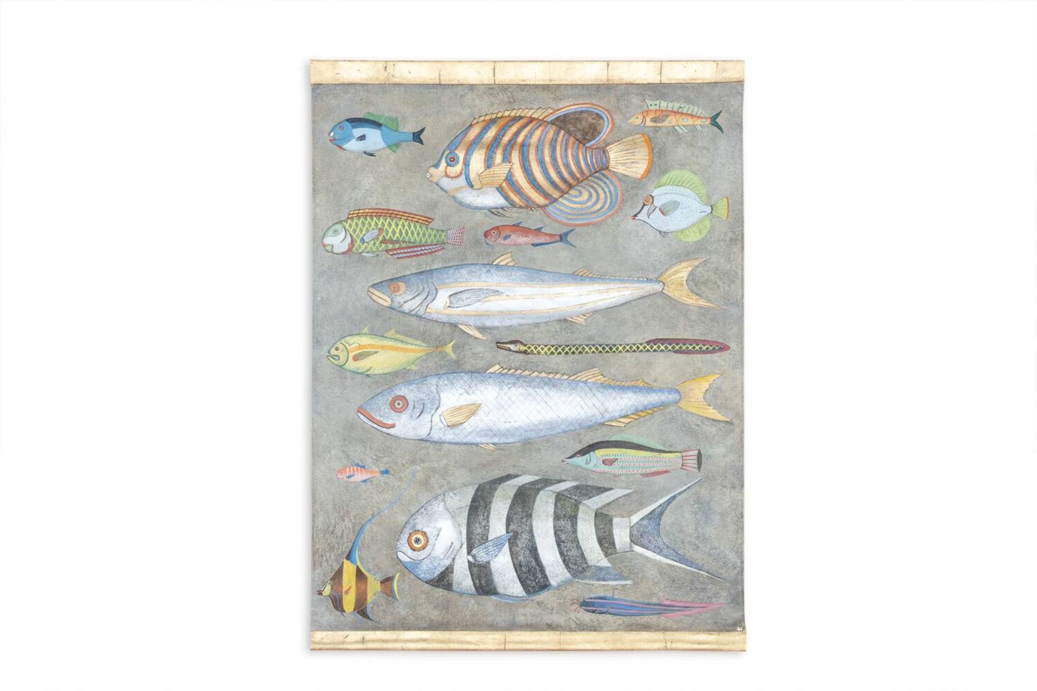 Painted canvas representing a board of fish. Contemporary work.