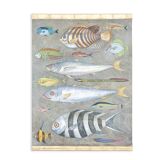 Painted canvas representing a board of fish. Contemporary work.