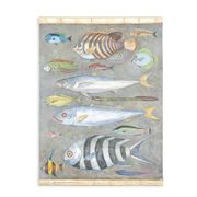 Painted canvas representing a board of fish. Contemporary work.