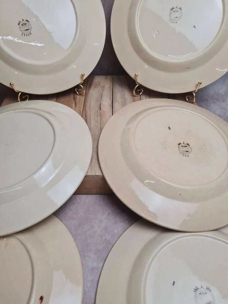 Set of 6 flat plates Boch La Louvière Belgium model 2460 with polychrome cherry decoration.