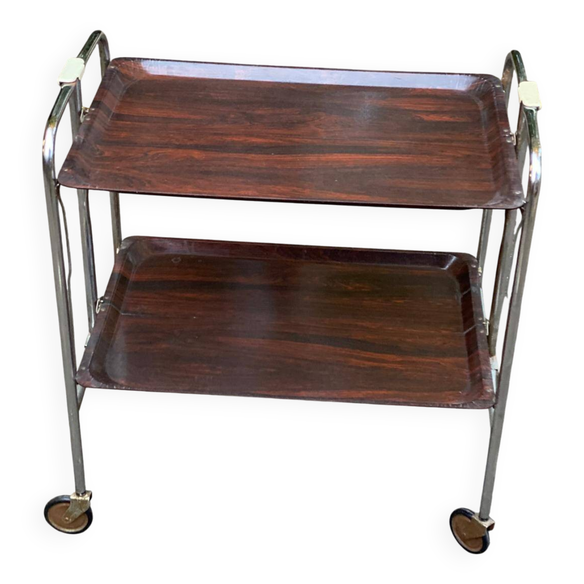 Folding serving cart in steel and mahogany wood on wheels, 70cm