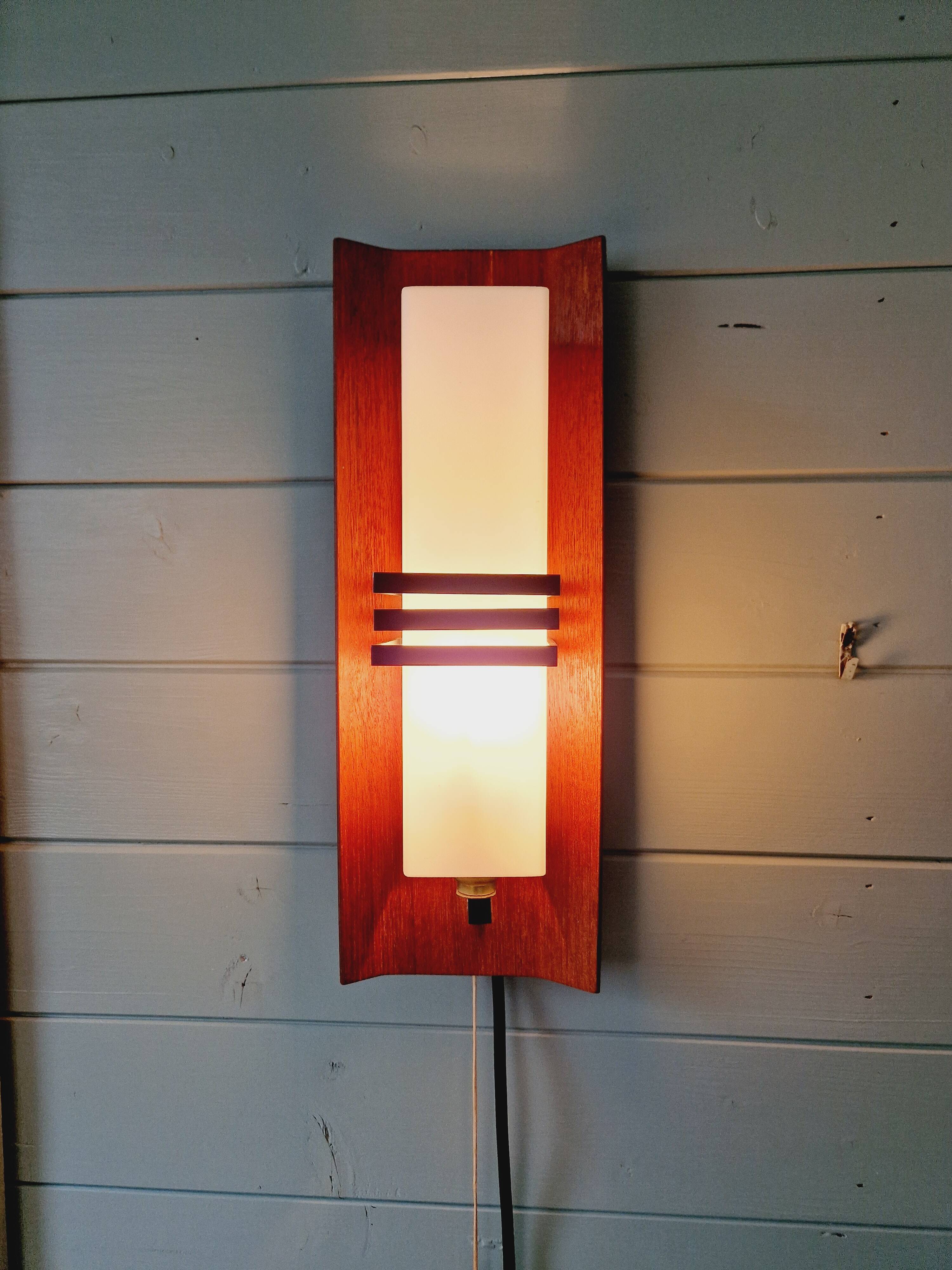 Scandinavian wall light in opaline and teak, 1960s