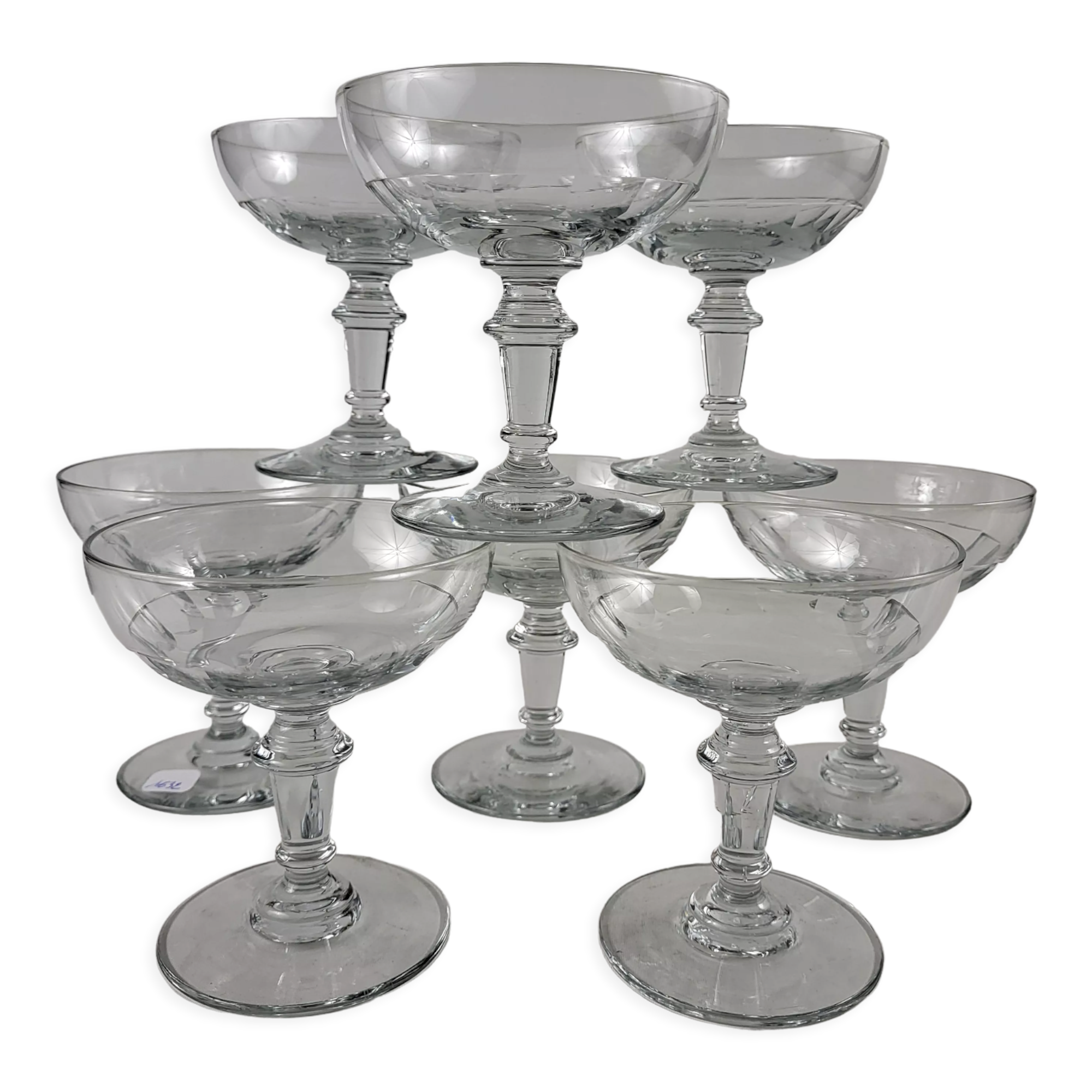 Set of 8 glass champagne glasses XIXth
