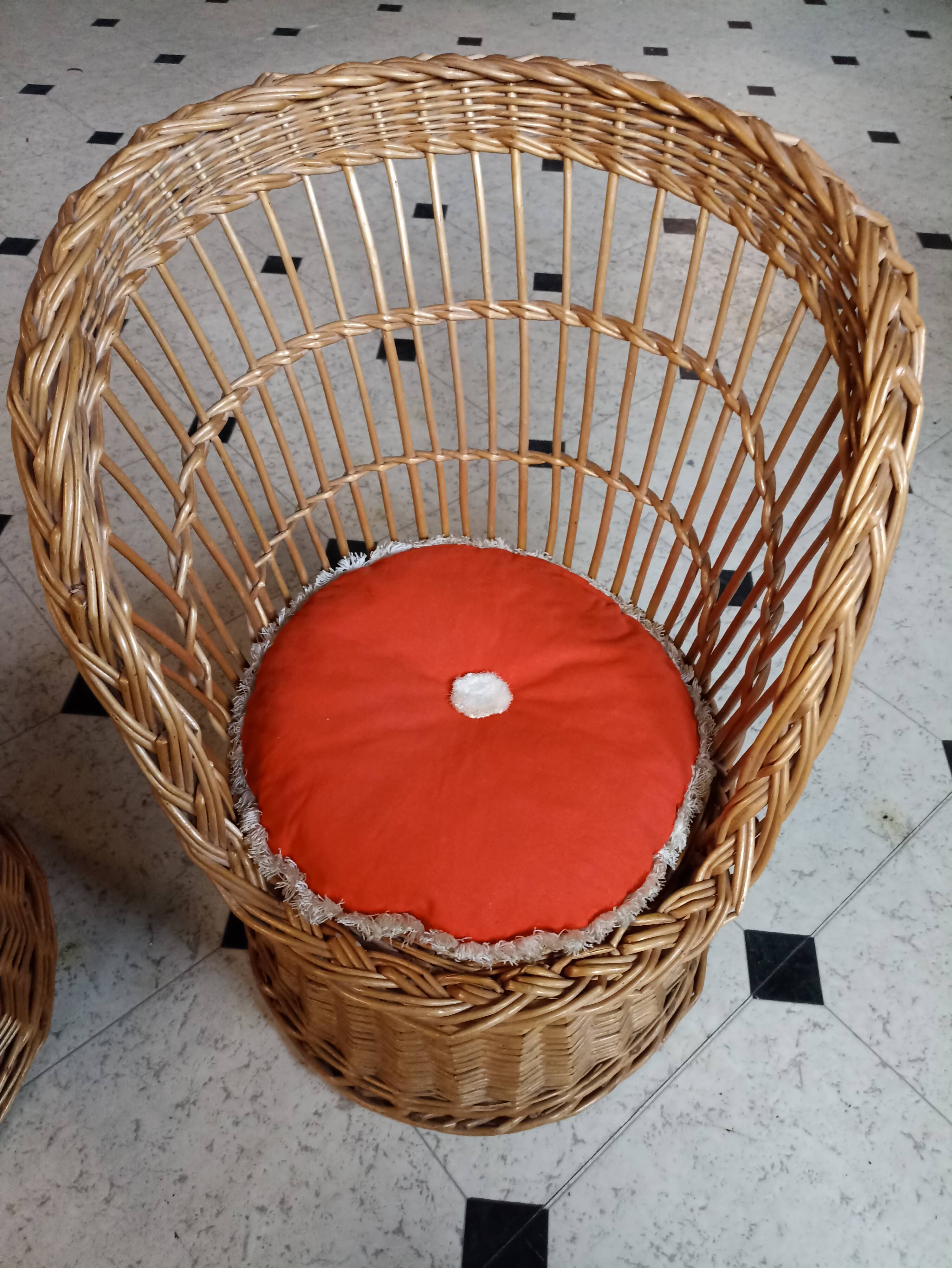 Set of 2 vintage 1970s rattan children's armchairs with orange cushions