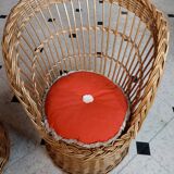Set of 2 vintage 1970s rattan children's armchairs with orange cushions