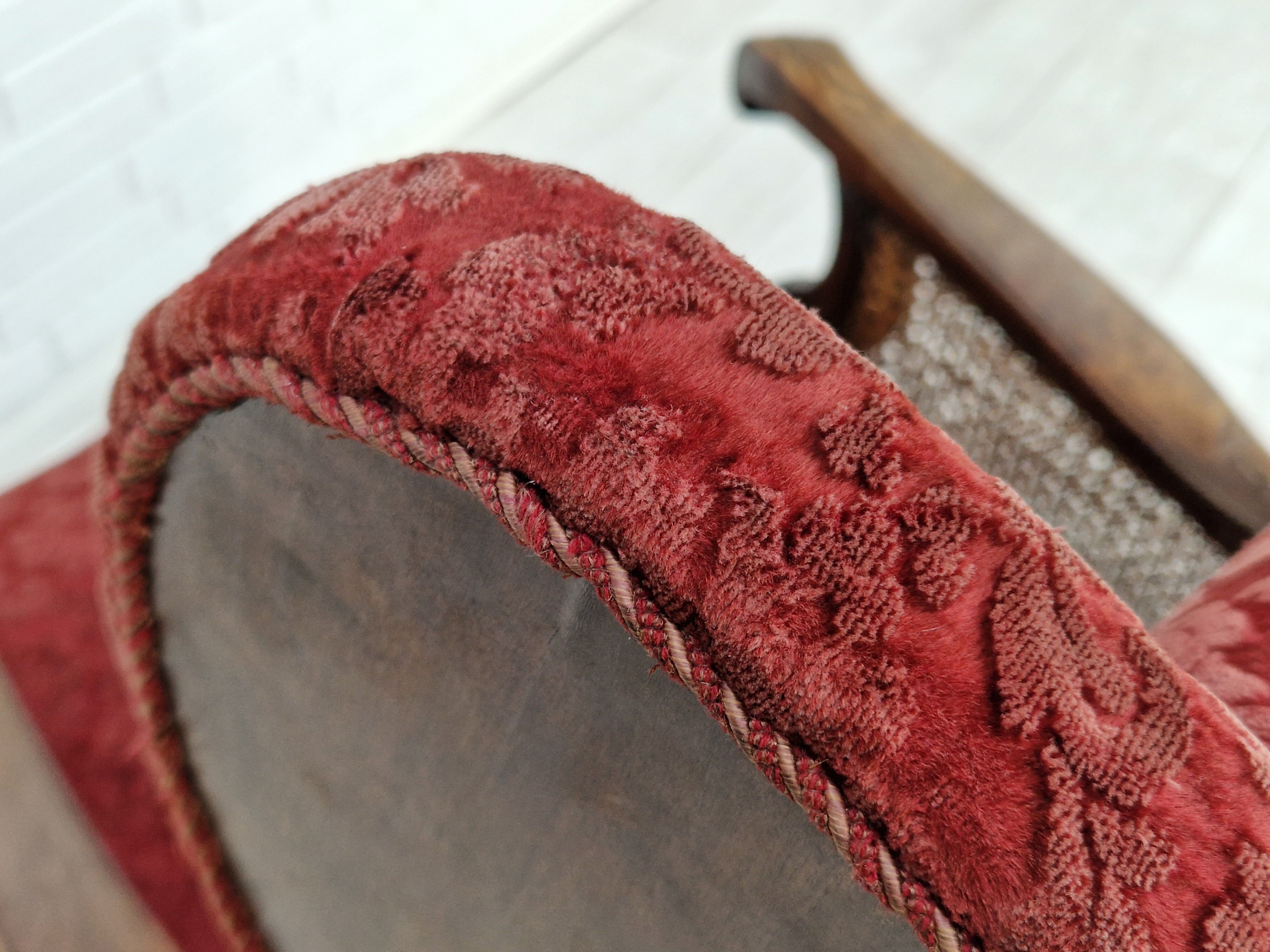 Fauteuil danois en bois de frêne et velour années 1930