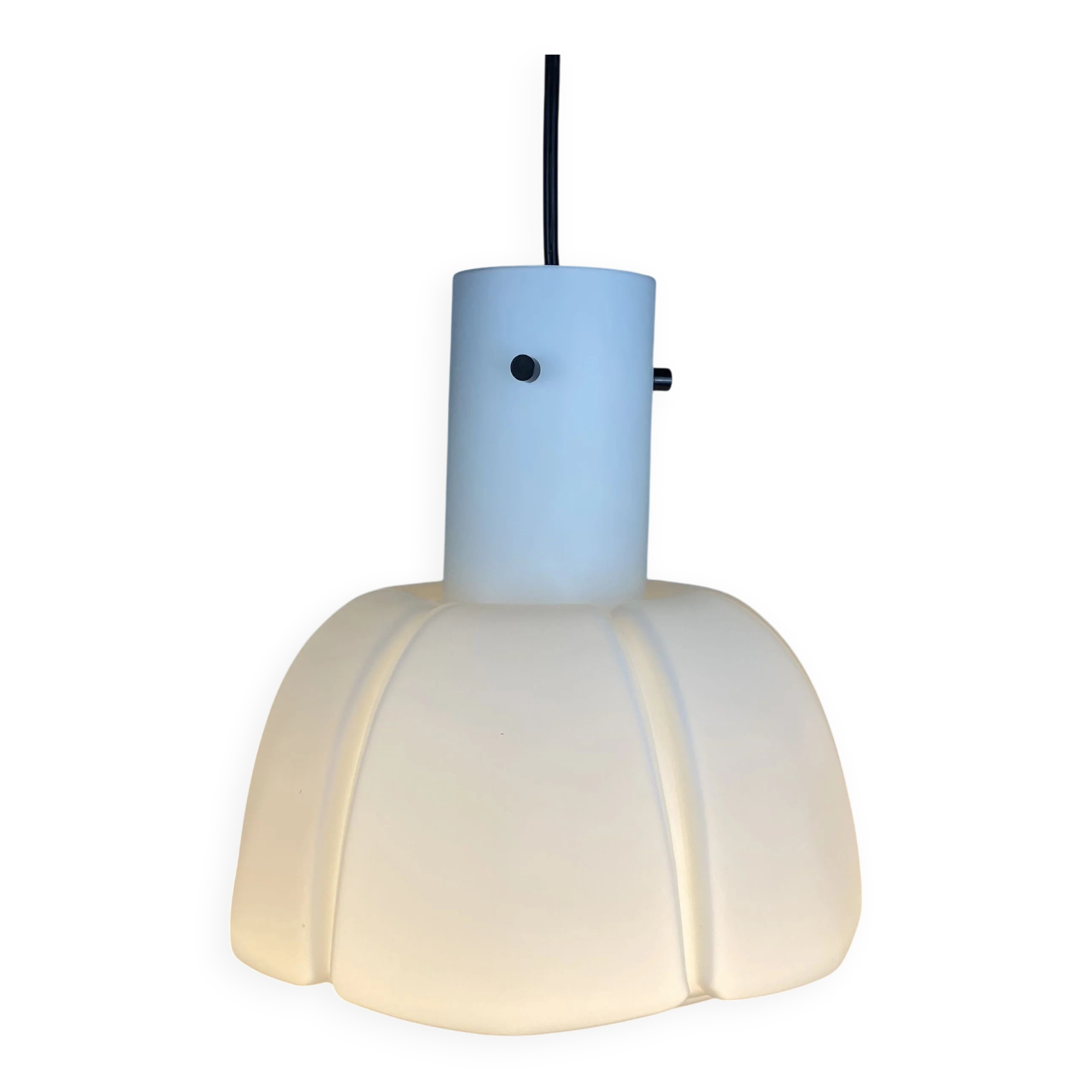 Frosted glass pendant in the shape of a white flower by Glashütte Limburg.