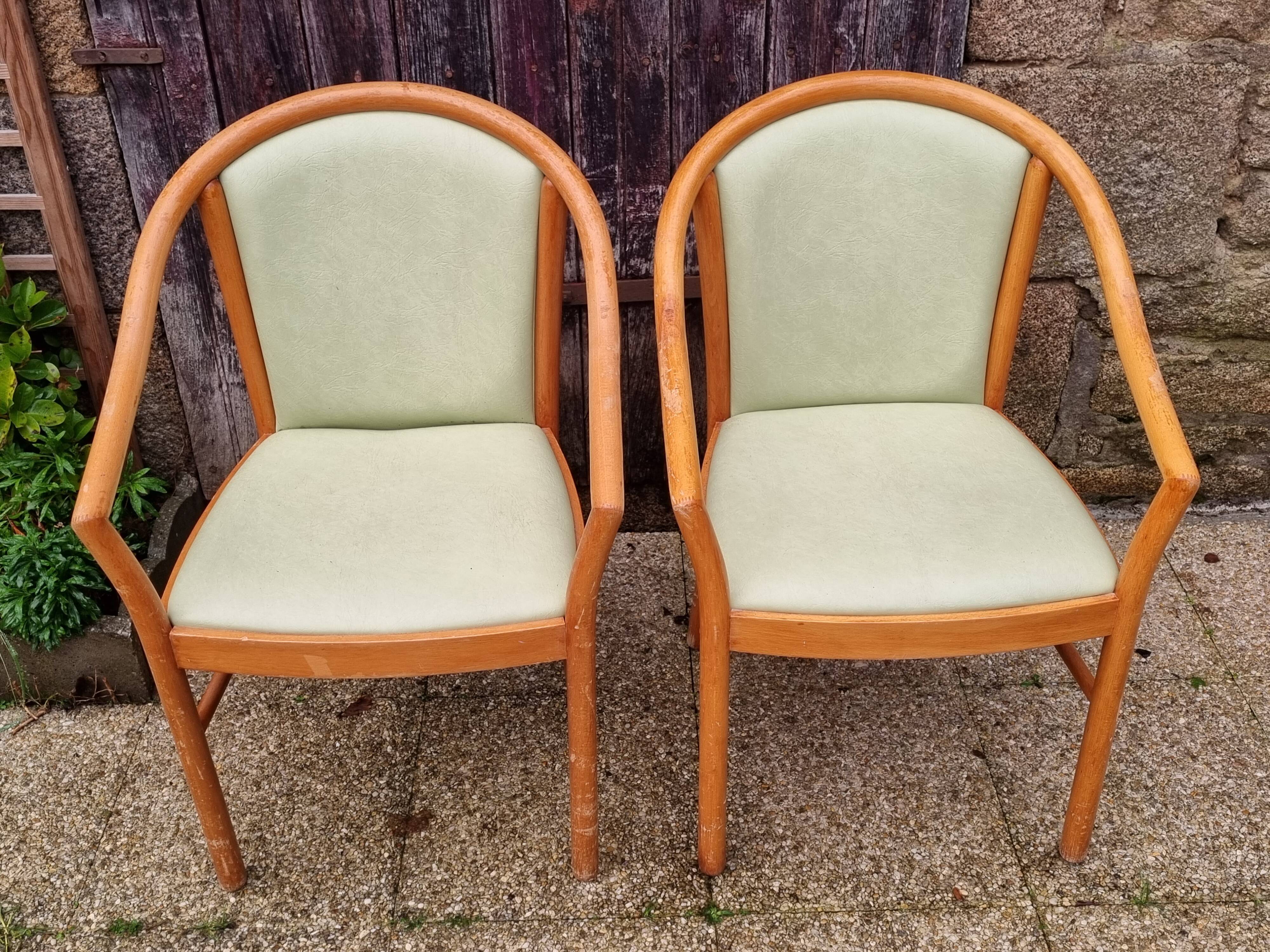 Pair of armchairs curved wood varnished skaï 70s