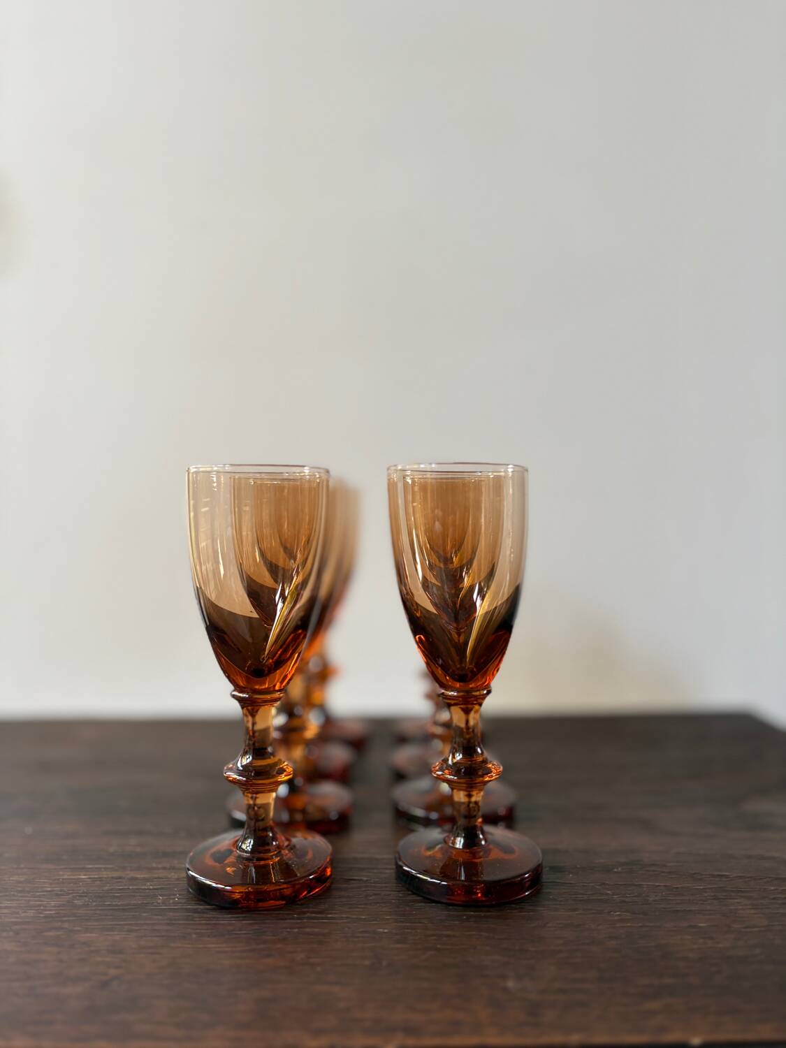 Set of 8 vintage amber portieux crystal glasses from the 70s