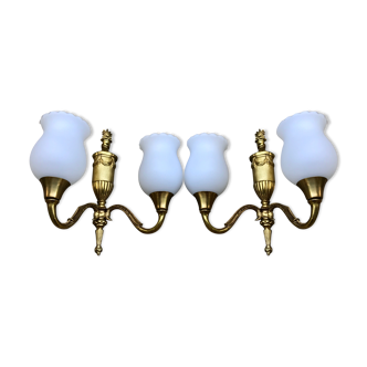 Pair of brass and opaline sconces