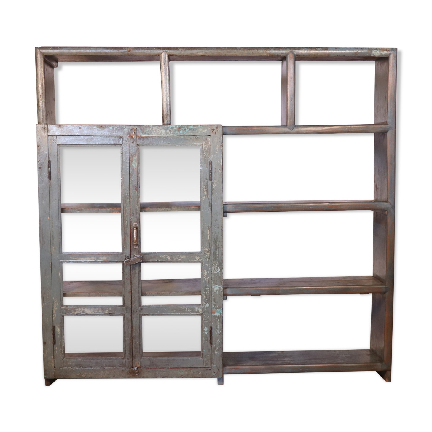 Old shelf, shopkeeper's bookcase in original Burmese teak with blue-gray patina