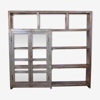 Old shelf-bookcase of shopkeeper in Burmese teak original blue-gray patina