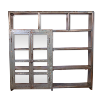 Old shelf-bookcase of shopkeeper in Burmese teak original blue-gray patina