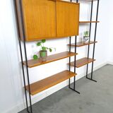 Modulair Omnia wandsysteem, Hilker, teak en zwart staal met legplanken