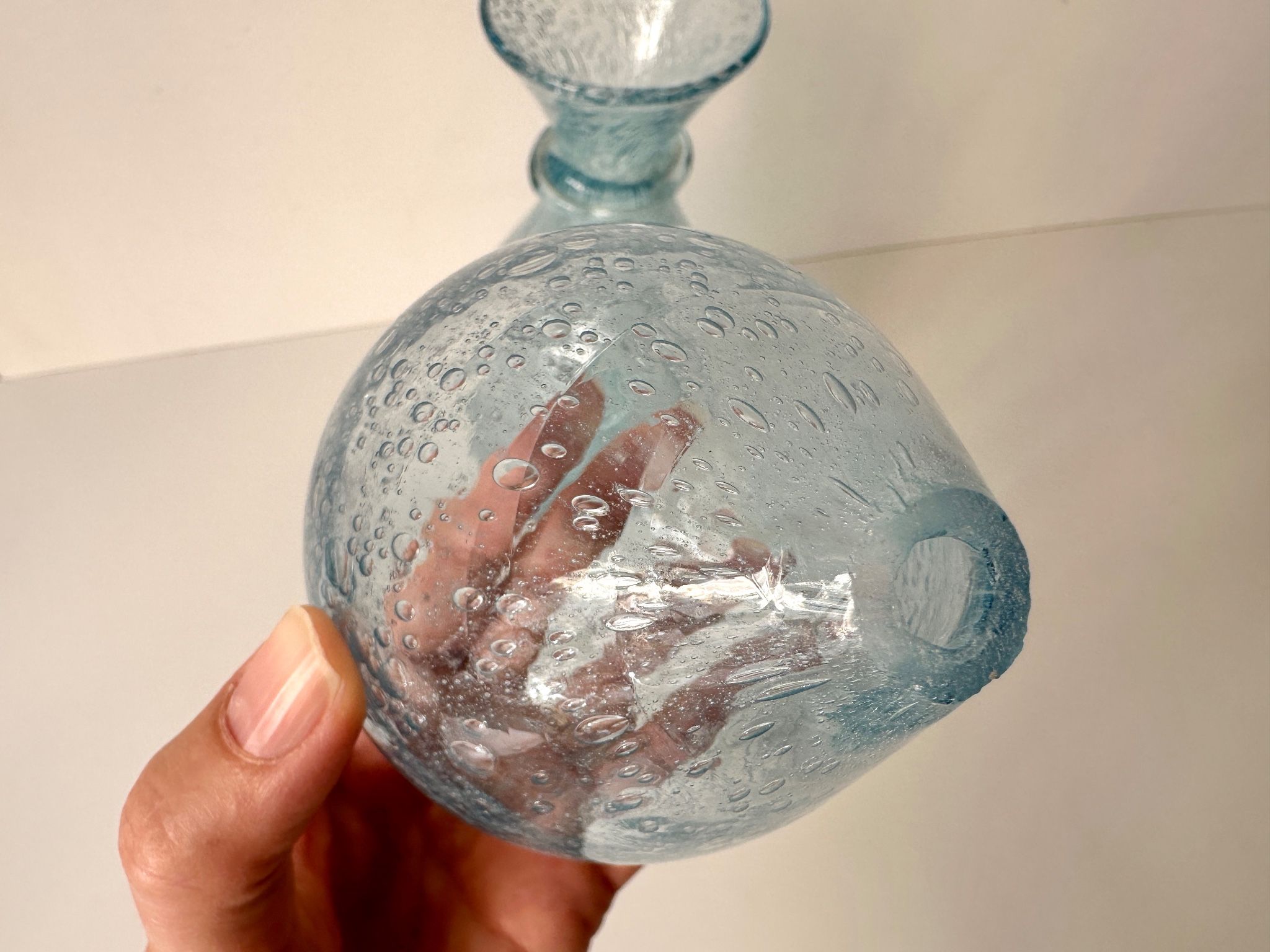 Vintage 1960s blue bubble glass BIOT carafe