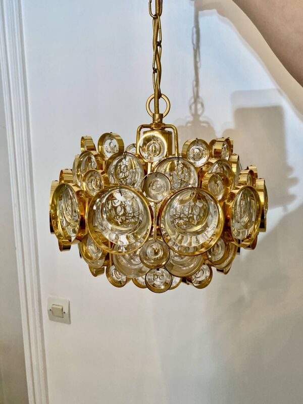 Lustre Bulle en Cristal et Laiton Doré attribué à Gaetano Sciolari pour Palwa - Allemagne, 1960