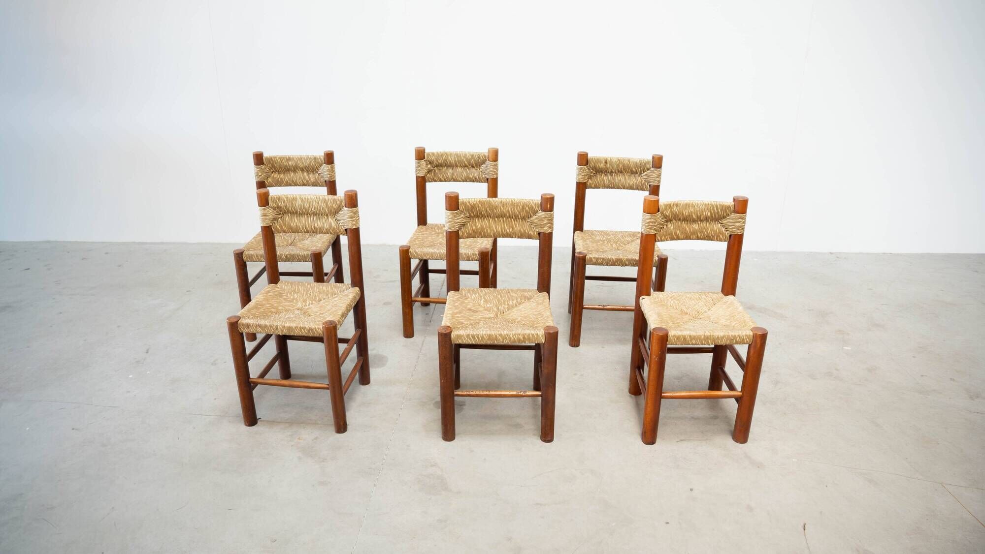 Set of six rattan and oak French dining chairs