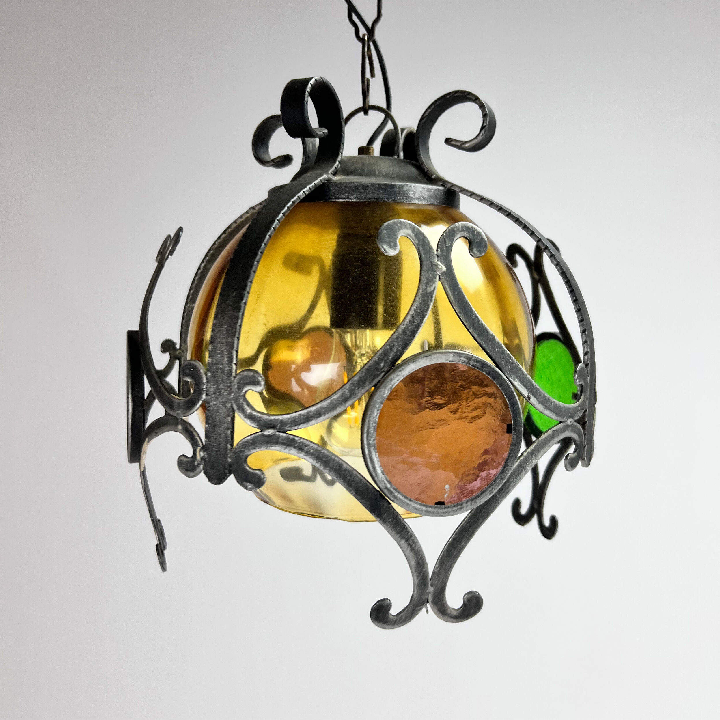 Brutalist cast iron and colored glass pendant, 1970s