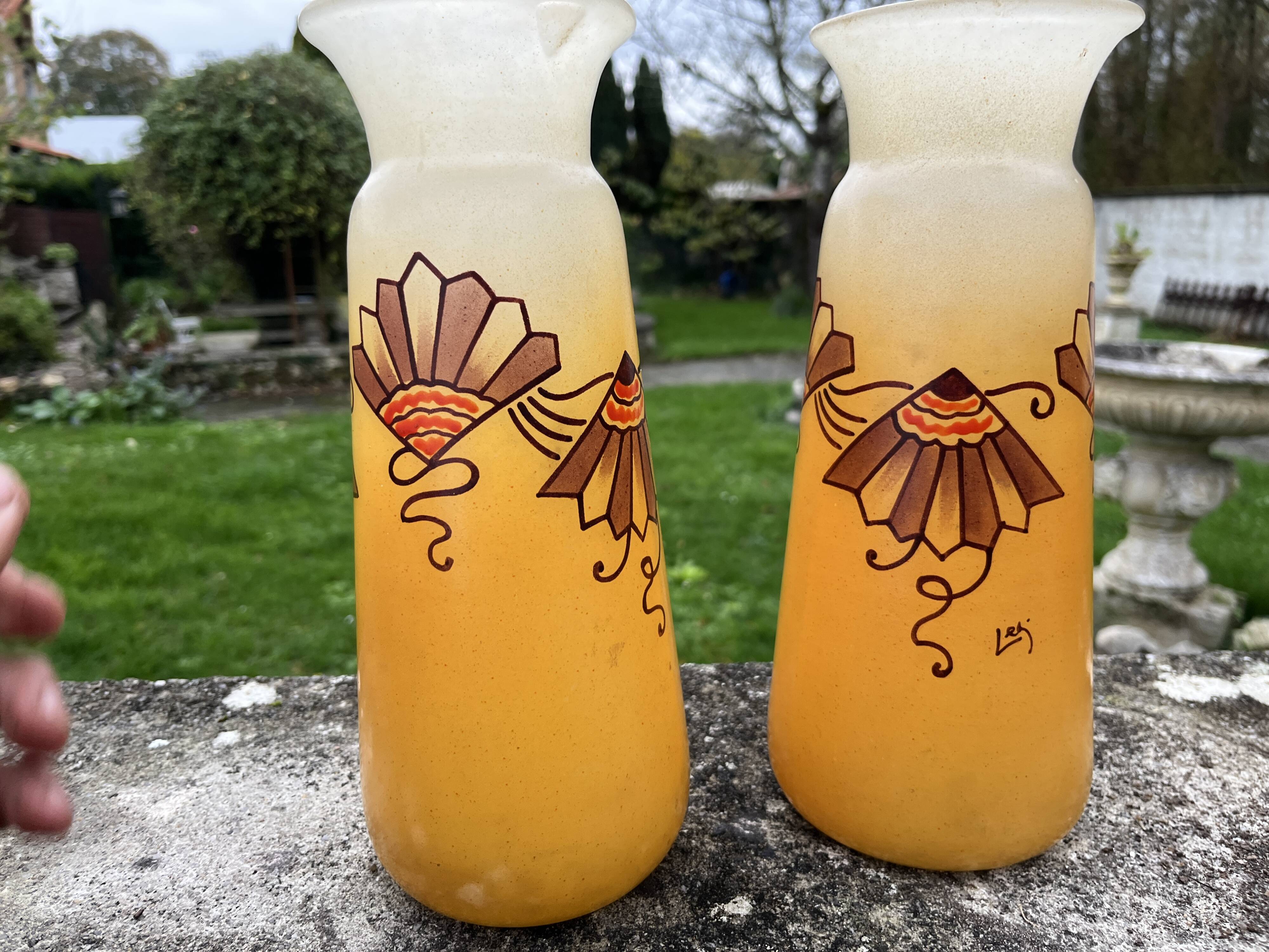 Pair of orange Legras Art Deco enameled glass vases