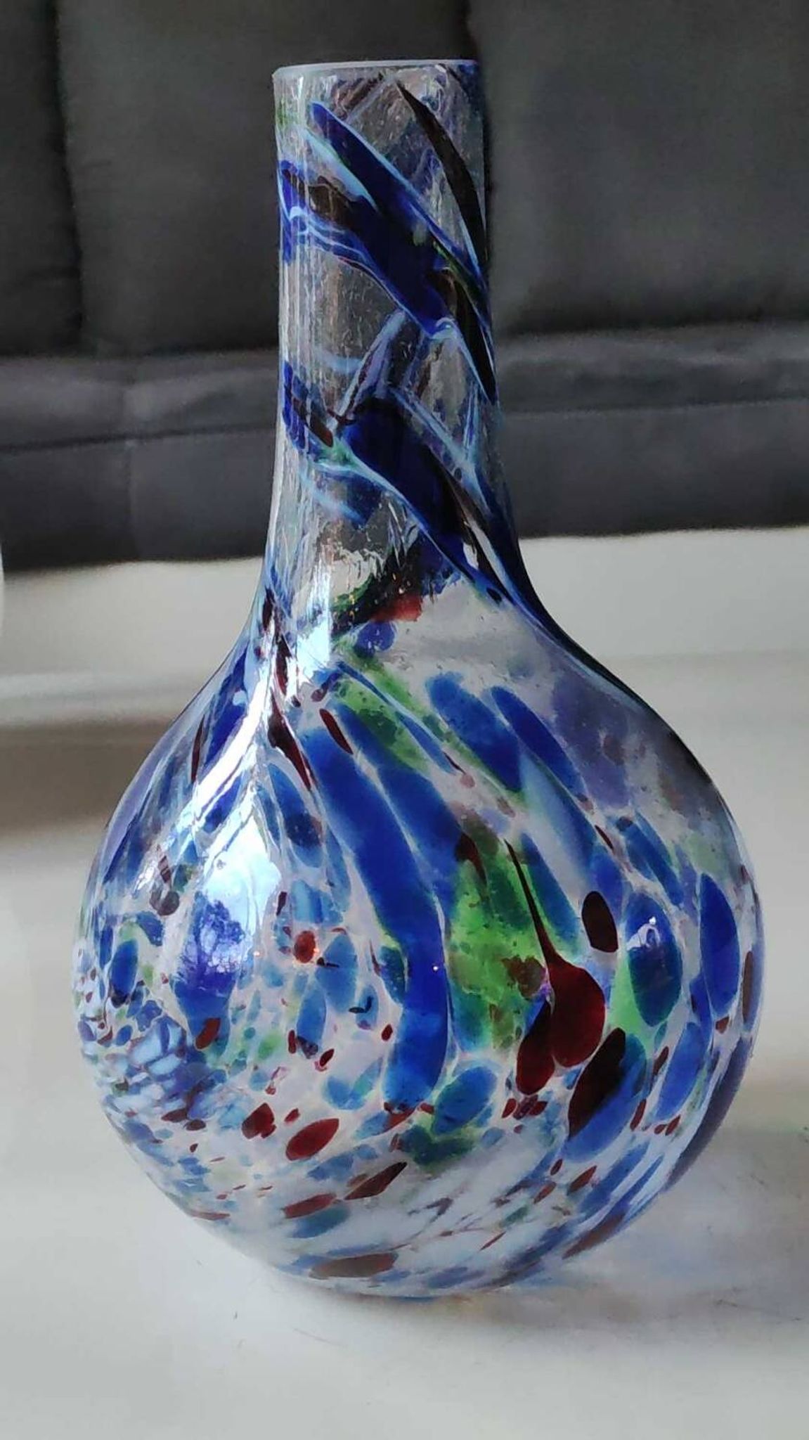 Designer Ball Vase in blown art glass, Murano style. Multi-colored speckles/smoke swirls. Dim 26 x 13 cm