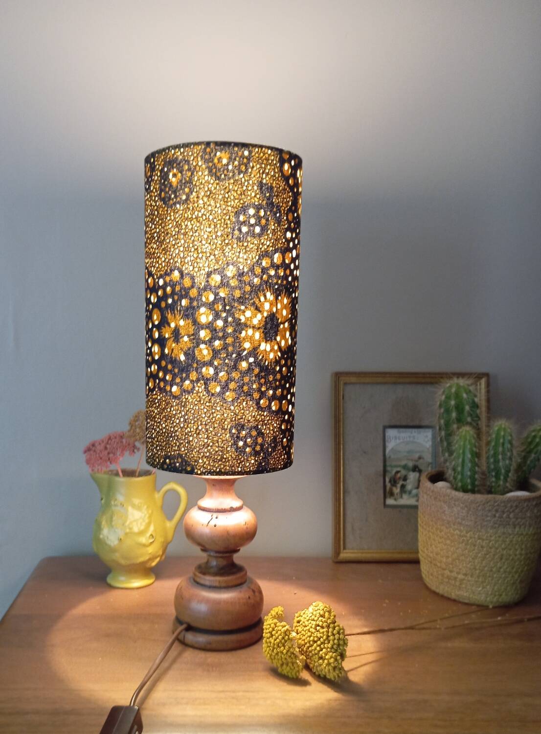Vintage turned wood table lamp, ethnic chic wax drum lampshade