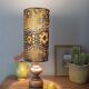 Vintage turned wood table lamp, ethnic chic wax drum lampshade