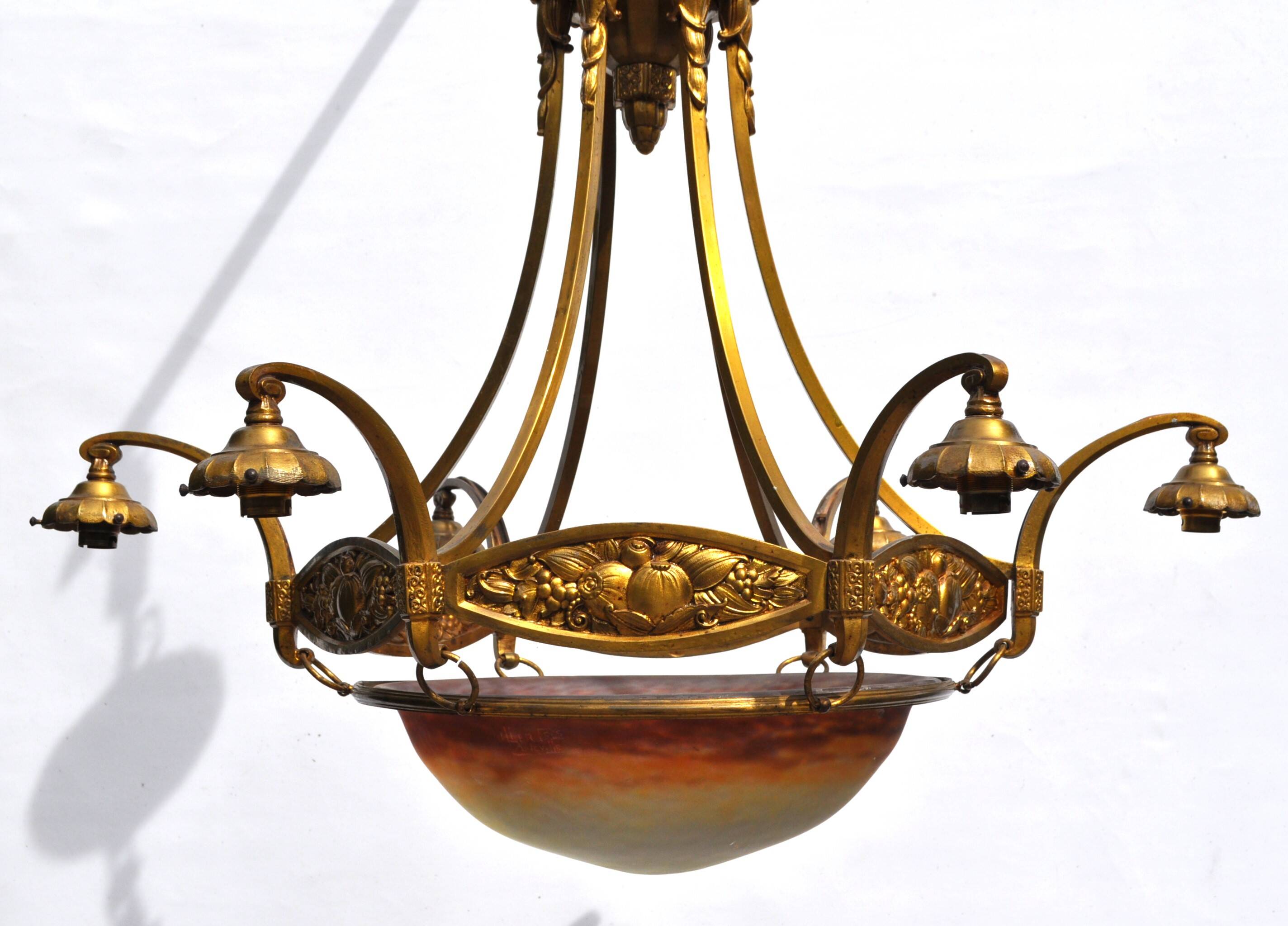 Muller frères Art Deco Chandelier - Bronze & Glass Paste - 1930s