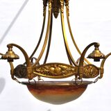 Muller frères Art Deco Chandelier - Bronze & Glass Paste - 1930s